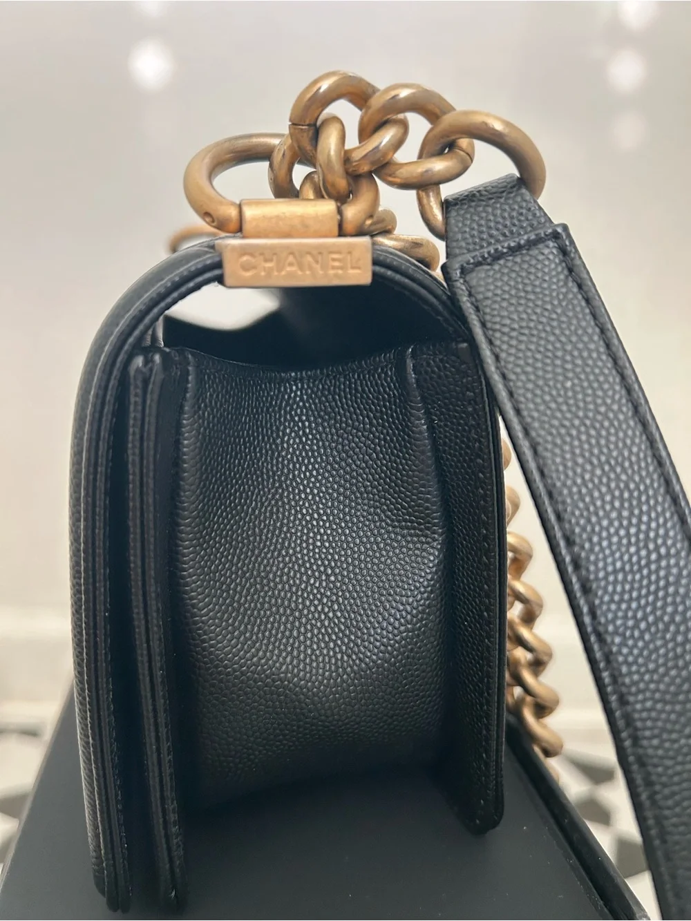 CHANEL Small Boy Bag Black Caviar Leather Brass
